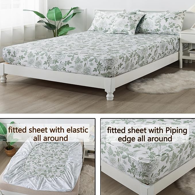 FADFAY Sheets Set Full Vintage White and Green Floral Bedding Elegant Peony Sheets Set Shabby Rose Farmhouse Bedding 100% Egyptian Cotton 800 Thread Count Deep Pocket Fitted Sheet 4Pcs, Full Size