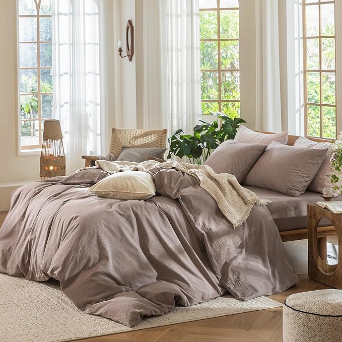 MooMee Bedding Duvet Cover Set 100% Washed Cotton Linen Like Textured Breathable Durable Soft Comfy (Heathered Mauve Brown, Alaska King 132"x120")