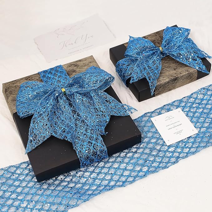 VATIN 2-1/2" Blue Christmas Ribbon, Blue Glitter Mesh Diamond Web Sequin Dots Wired Christmas Ribbon for Gift Wrapping Bow Making Wreath Supply-10 Yards