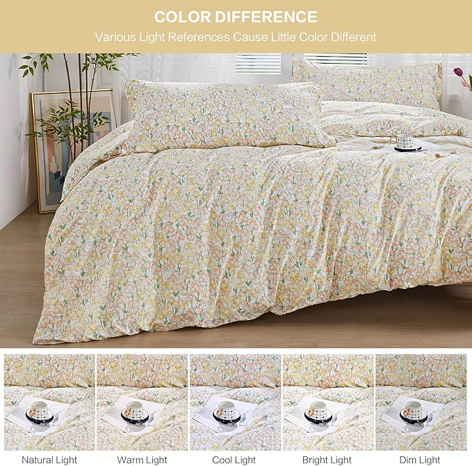 SAPHREAS Iris Floral Duvet Cover Full Botanical Orange Floral Green Leaves Pattern Comforter Set Cute Bear Duvet Cover Lightweight Soft Microfiber 3pcs 1 Duvet Cover 2 Pillow Shams