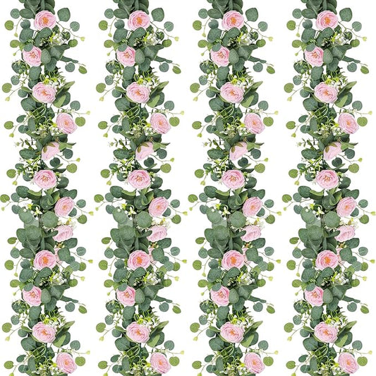 TOCHGREEN 2 Pack 13Ft Artificial Eucalyptus Flower Garland with Pink Roses, Fake Rose Flower Greenery Garland Floral Vines for Wedding Home Party Table Runner Decor (4PCS, Pink)