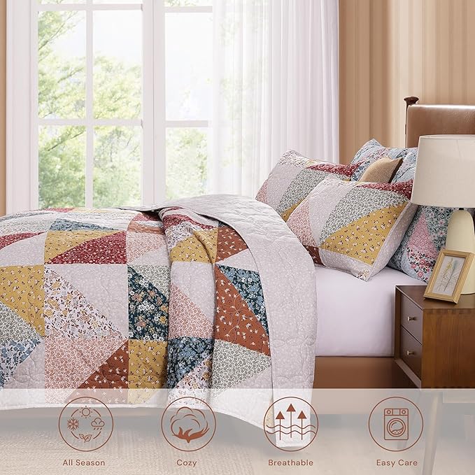 Quilt Set Queen Size, Patchwork Burnt Orange Floral Quilt Sets, Reversible Bedspread Lightweight and Breathable for All Seasons, Soft Quilted Bedspread with 2 Pillow Shams