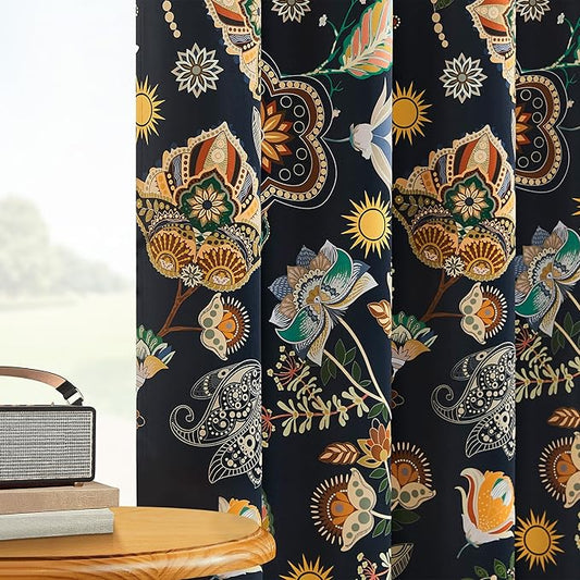 XiDi Floral Blackout Bedroom Curtains 63 Inches Long 2 Panels Room Darkening Thermal Insulated Vintage Mid Century Modern Curtains Patterned Flower Leaf Grommet Drapes for Home Decor 52x63 Navy Blue