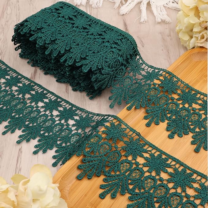 Green Lace Trim 7.5 Yards Wide Embroidered Floral Trim Edge Venise Lace Ribbon for Wedding Dress Crafting, Costume Design, DIY Apparel Embellishment, Home Decor