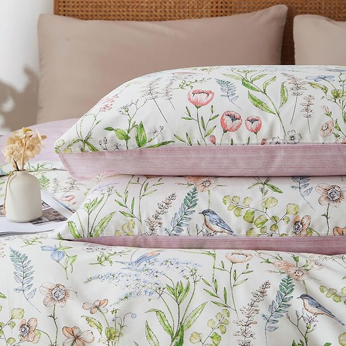 EAVD Girls Floral Duvet Cover Twin Soft Cotton Chic Cute Bird Floral Print Bedding Set Vibrant Botanical Bedding Set with 2 Pillowcases Vintage Botanical Comforter Cover with Zipper Closure