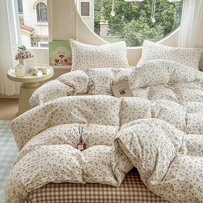 EAVD Garden Style Small Floral Duvet Cover Queen Size Soft 100% Cotton Muslin Bedding Set with Floral Print Fresh Cottagecore Botanical Pattern Duvet Cover with Zipper Closure