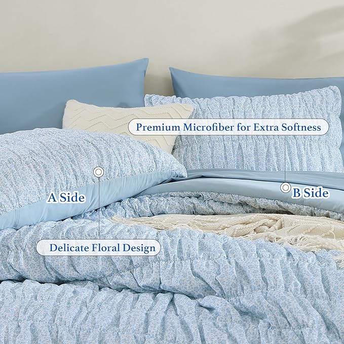 Full Size Comforter Sets - 7 Pieces Puff Cornflower Blue Floral Bedding Set for All Seasons, Shabby Chic Farmhouse Bed in a Bag Full with Floral Comforter, Sheets, Pillowcases & Shams