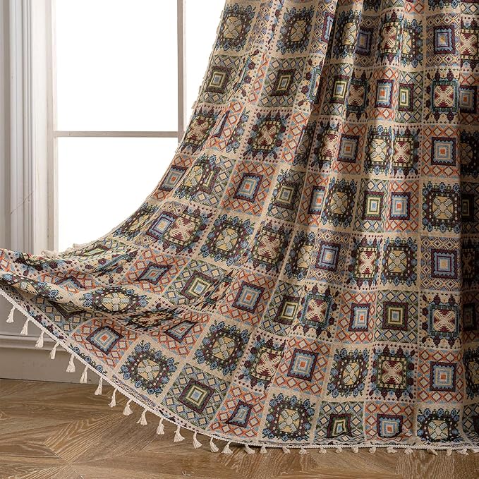 ENJOYBRIDAL Patchwork 96 Inch Curtains 2 Panel Set Semi Sheer Bedroom Drapes Rod Pocket Farmhouse Jacquard Long Window Curtain Panels Bohemian Light Filtering Beige Boho Living Room Window Treatments