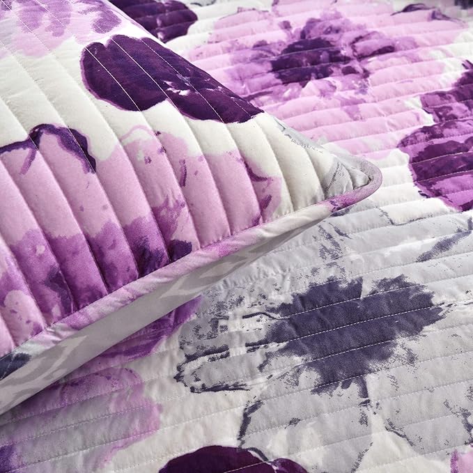 Lush Decor Leah Reversible Floral Quilt Set, 3 Piece Set, Full/ Queen, Gray & Purple - Watercolor Botanical - Cottage Core - French Country Decor- Bedding Queen Size