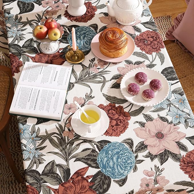Designer French Linen Tablecloth for Rectangle Table,Red and Blue Floral Rustic Durable Tablecloths,Decor Table Cover for Kitchen,Dining,Thanksgiving,Home,55" × 87"-Burgundyred