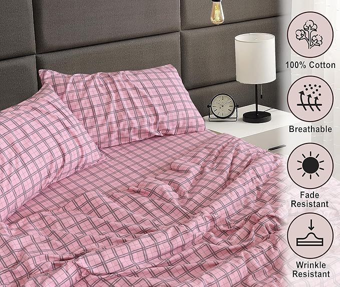 RUVANTI Flannel Sheets Twin Size - 100% Cotton Double Brushed Twin Sheets Set, Deep Pockets 16 Inches, All Seasons Breathable & Extra Soft Bed Sheets, Warm & Cozy, 3 Piece, Check & Bolt Pink