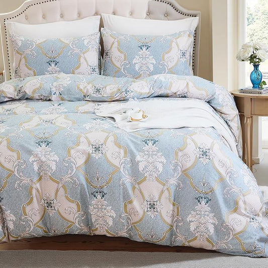 100% Natural Cotton Duvet Cover Set King 3 Pcs Grayish Blue Duvet Cover with Luxurious Damask Pattern, Reversible Breathable Soft Comforter Cover Sets with Zipper Closure All Season