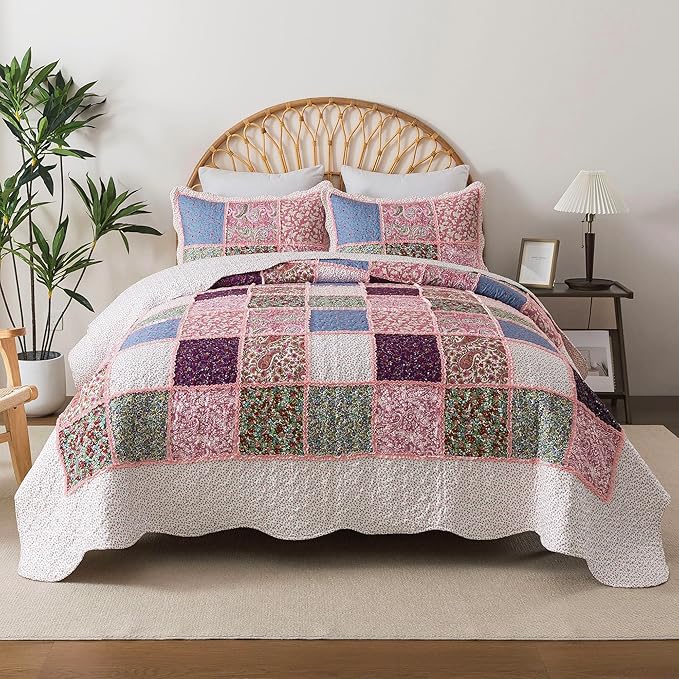 HoneiLife Quilt Set King Size - Rustic Bedspreads 106x96, Tufted Quilts 3-Piece, Patchwork Coverlet Lightweight Bedding Sets All Season Quilts