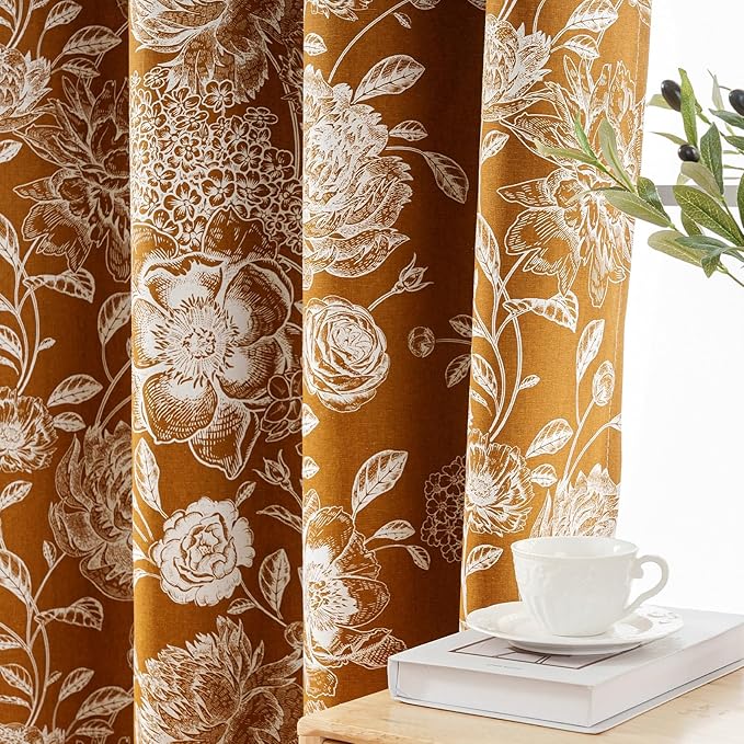 Printed Peony Floral Blackout Curtains for Bedroom- Vintage Orange Bloom Pattern on Cotton Blend Fabric with Grommet Top, 52W x 84L