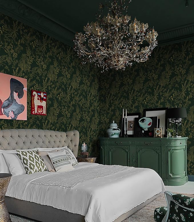 Peel and Stick Wallpaper Dark Green and Gold Floral Wallpaper Vintage Flower and Leaf Contact Paper for Cabinets Self-Adhesive Removable Wallpaper for Bedroom Bathroom Kitchen 197"x17.3"