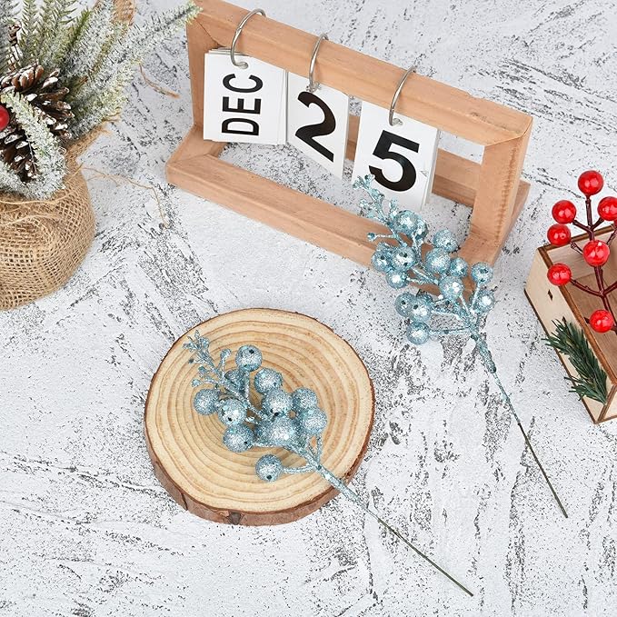 DearHouse 14 Pack Christmas Glitter Berries Stems, 7.8Inch Artificial Christmas Picks for Christmas Tree Ornaments, DIY Xmas Wreath, Crafts, Holiday and Home Decor (Light Blue)