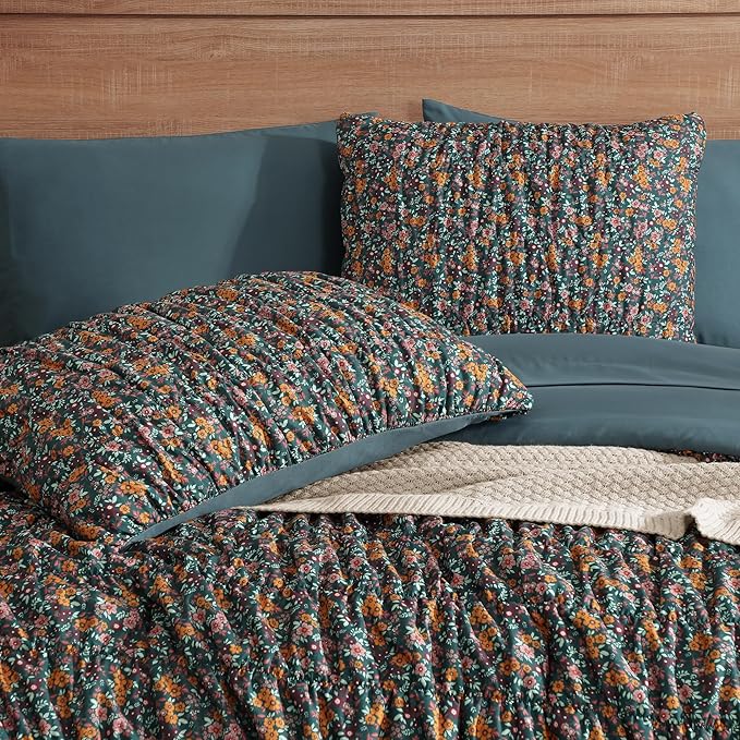 Full Size Comforter Sets-7 Pieces Puff Dark Green Floral Bedding Set for All Seasons, Shabby Chic Farmhouse Bed in a Bag Full with Floral Comforter, Sheets, Pillowcases & Shams