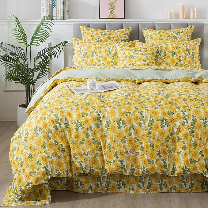 FADFAY Sunflower College Duvet Cover Set Vintage Yellow Daisy Floral Bedding Shabby Botanical Dorm Room Comforter Cover Set 100% Cotton Soft Quilt Cover with Hidden Zipper Closure 3Pcs, Twin XL Size