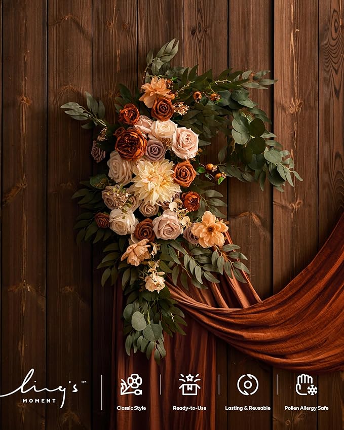 Ling's moment Fall Artificial Wedding Arch Flowers Kit Pack of 4, 2pcs Hanging Flower Arrangement 2pcs Drapes Ceremony Rose Arbor Backdrop Brunt Orange Terracotta Floral Party Autumn Outdoor Decor