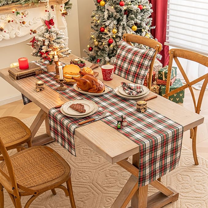 Red White Plaid Christmas Table Runner, Winter Holiday Table Runners 36 inches Long, Xmas Decorations Indoor Outdoor Farmhouse Home Kitchen Dining Party Decor