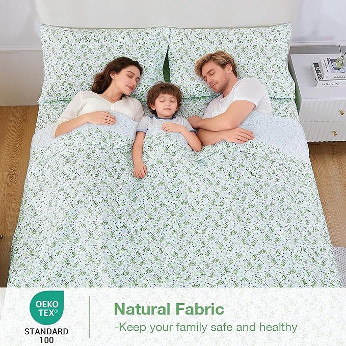 Softan Green Floral Full Sheet Set, Cozy Botanical Microfiber Printed Fitted Bed Sheet with 15" Deep Pockets & Non-Slip Straps, Fresh Greenery Blooms Patterned Sheets & Pillowcase Set