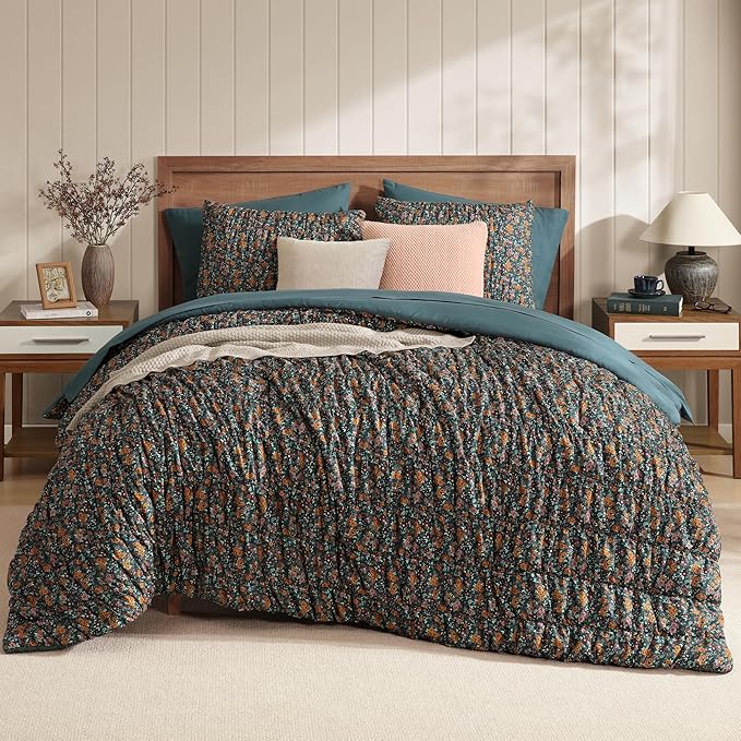 Full Size Comforter Sets-7 Pieces Puff Dark Green Floral Bedding Set for All Seasons, Shabby Chic Farmhouse Bed in a Bag Full with Floral Comforter, Sheets, Pillowcases & Shams