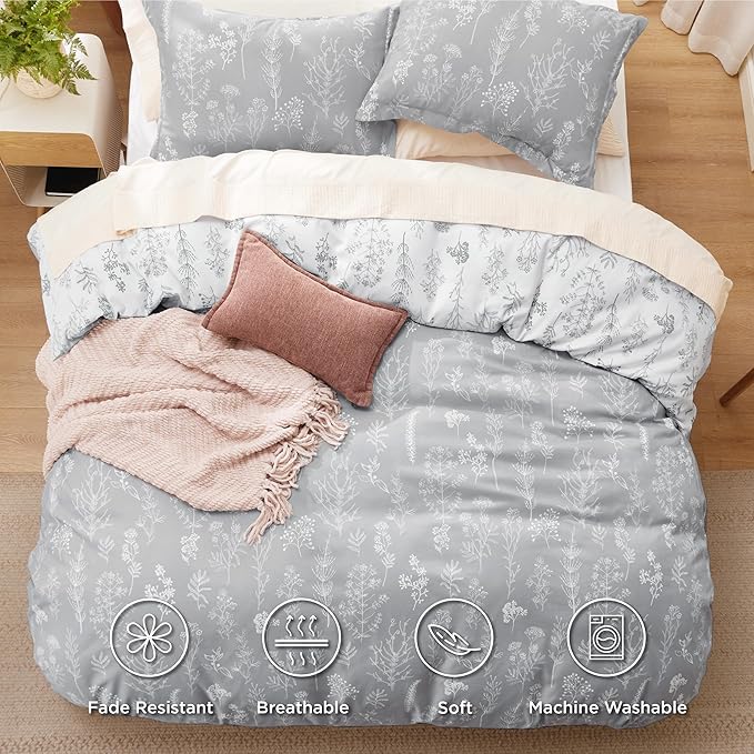 Bedsure Twin/Twin XL Duvet Cover - Reversible Grey Duvet Cover Set with Zipper Closure, 2 Pieces Cute Floral Patterned Bedding Set with 8 Corner Ties and 1 Pillow Sham