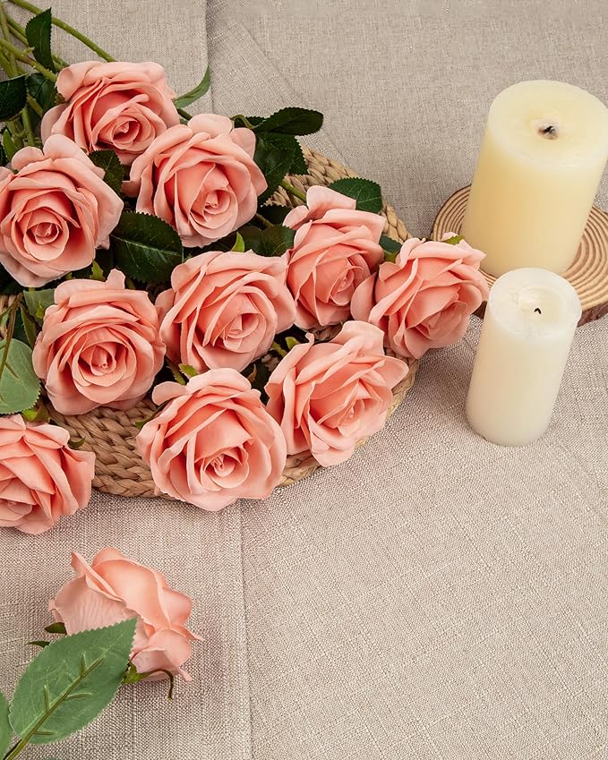 DuHouse 10pcs Silk Roses Artificial Flowers Fake Rose for Arrangement Wedding Party Home Decoration (Light Coral)