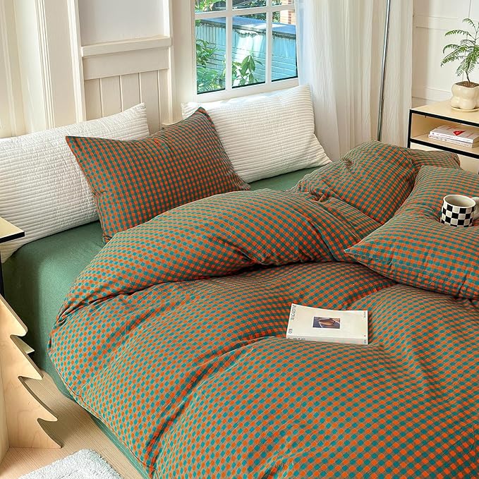 LifeTB Gingham Comforter Set King Modern Style Plaid Checkered Pattern Comforter Soft Fluffy Gingham Bedding Set Lightweight Orange Green Grid Bedding Comforter Fluffy Checkered Comforter Set