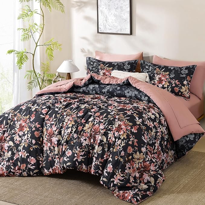Queen Comforter Set, 7 Pieces Black and Pink Floral Comforter Set, Bed in a Bag Queen with Botanical Flowers Pattern, All Season farmhouse Queen Size Bedding Set with Sheets, Pillowcases & Shams