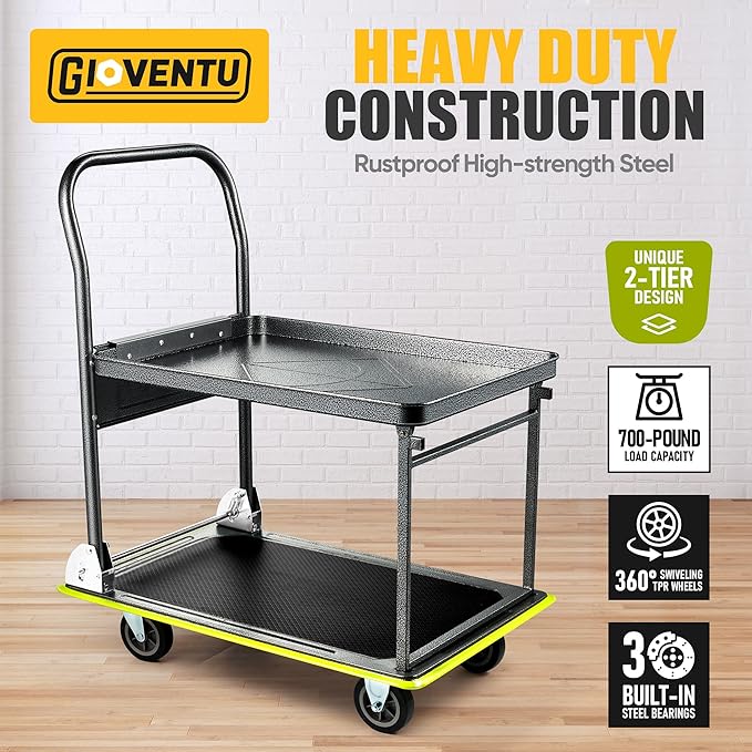 Heavy Duty Push Cart Dolly (700 lbs), Foldable Platform Hand Truck Made with High-Strength Steel, 2 Tier Design, Moving Flatbed Cart with Wheels for Warehouse, Garage, Workshop, Office