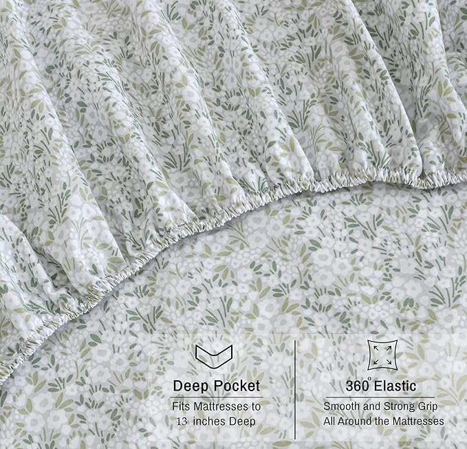 RUVANTI 100% Organic Cotton Sheets California King, Percale Weave, GOTS Certified, 4-Piece Set, Deep Pocket 13", Crisp & Breathable, Soft Durable Bedding, Sábanas Algodón Orgánico – Floral Rush