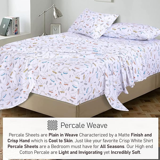 RUVANTI 100% Cotton Full Size Bed Sheets, 4 Pieces, Soft & Breathable Percale Weave Bedding, Deep Pocket 16", Hotel Standard, Crisp Cool Feel, Durable, Perfect Sheet Set Floral, Dino