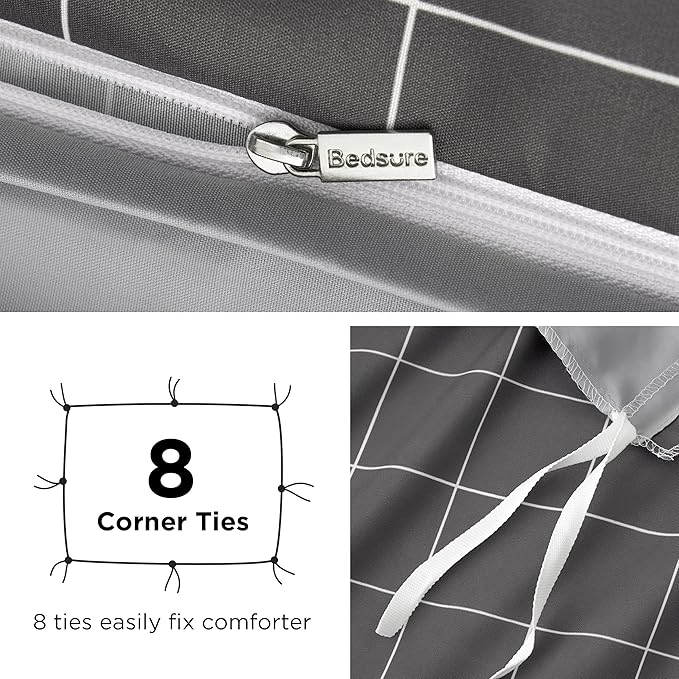 Bedsure Duvet Cover King Size - Reversible Plaid Duvet Cover Set with Zipper Closure, 3 Pieces Dark Grey Bedding Set with 8 Corner Ties and 2 Pillow Shams 20"x36"