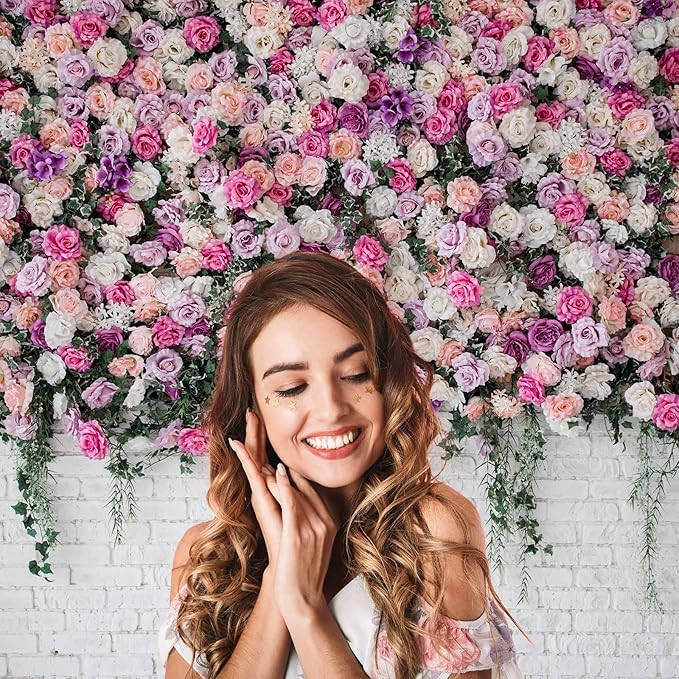 Rose Flowers Backdrop Beautiful Decorative Colorful Roses and Peonies on Brick White Wall Photography Background Interior Wedding Party Decorations Summer Flowers on Wall Building Props 10x6.5ft