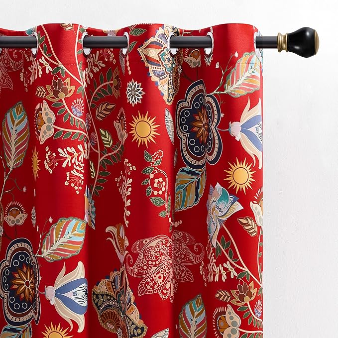 XiDi Vintage Floral Curtains 90 Inches Long for Bedroom Living Room Red Patterned Blackout Curtains 2 Panels Thermal Insulated Luxury Curtains Flower Botanical Leaf Printed Grommet Drapes Red 52x90