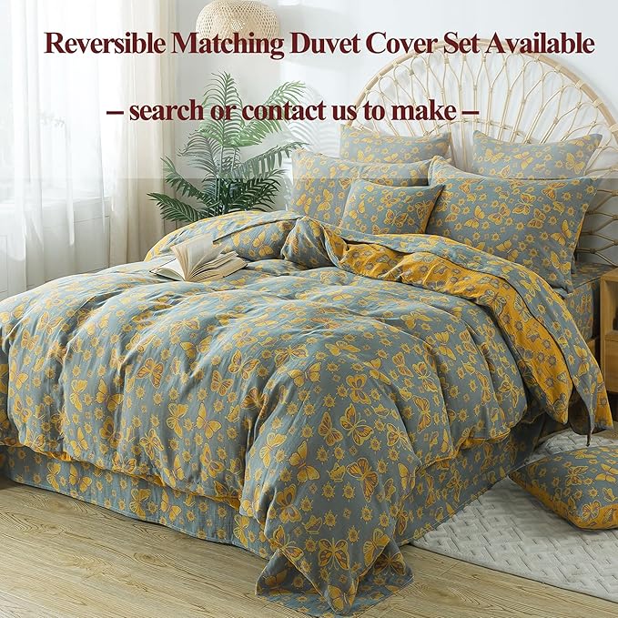 FADFAY Butterfly Sheets Set Queen Vintage Yellow Grey Floral Bedding Shabby Farmhouse Bedding Super Soft Washed Double -Layer Muslin Sheets 100% Cotton Deep Pocket Fitted Sheet 4Pcs, Queen Size