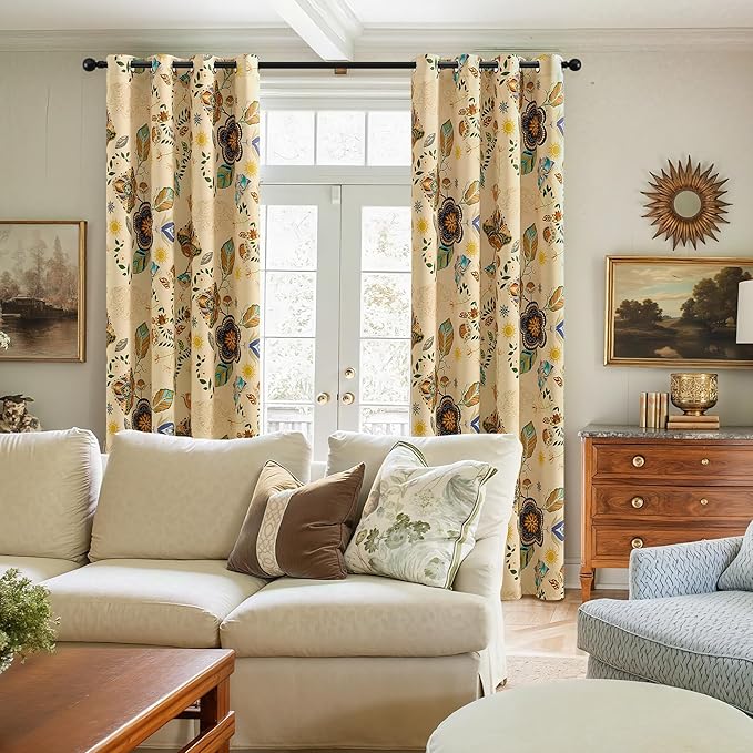 XiDi Beige Vintage Floral Curtains Boho Blackout Curtains Patterned 84 Inches Long 2 Panels for Bedroom Living Room Thermal Insulated Grommet Luxury Colorful Botanical Flower Leaf Printed Drapes 52x84