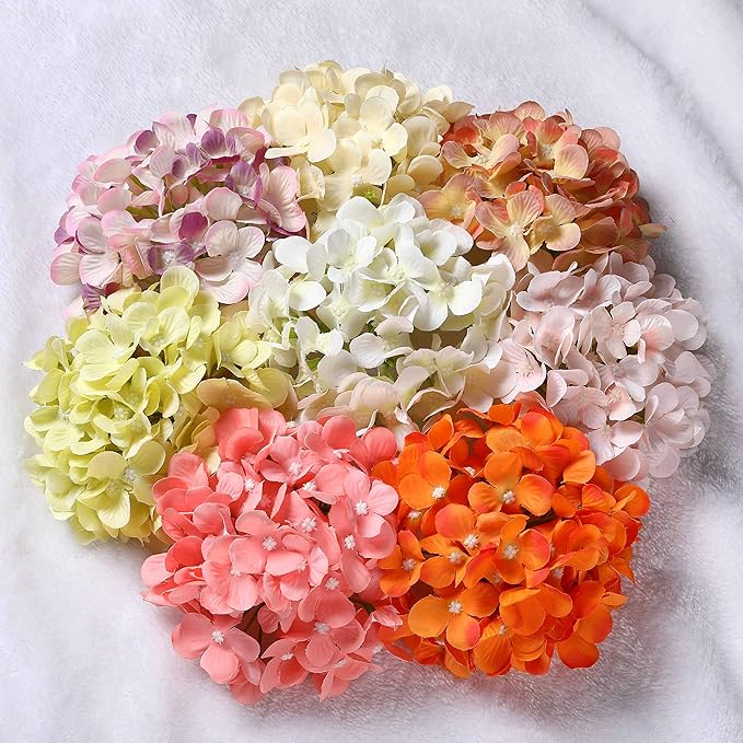 Silk Hydrangea Heads with Stems Artificial Flowers Heads for Home Wedding Decor,Pack of 10 (Orange)