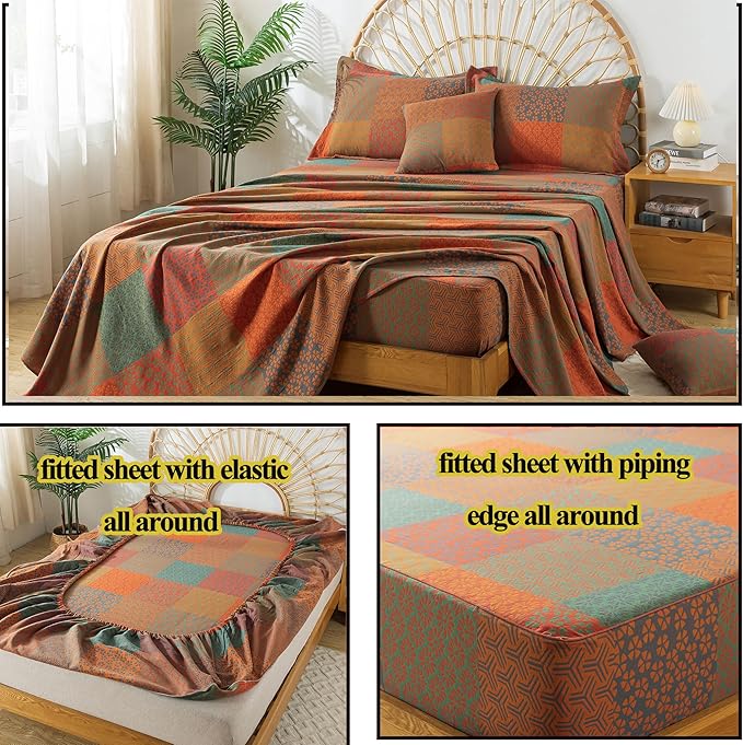 FADFAY Grid Sheets Set Queen Vintage Checkered Floral Bedding Shabby Geometry Farmhouse Bedding Super Soft Washed Double -Layer Muslin Sheets 100% Cotton Deep Pocket Fitted Sheet 4Pcs, Queen Size