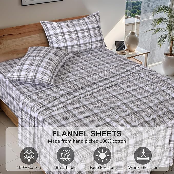 RUVANTI Flannel Sheets King Size - 100% Cotton Brushed King Size Sheets Set - Deep Pockets 16 Inches Bed Sheets - All Seasons Breathable & Extra Soft - Warm & Cozy, 4 Piece, Modest