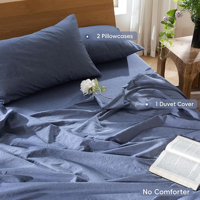 MooMee Bedding Duvet Cover Set 100% Washed Cotton Linen Like Textured Breathable Durable Soft Comfy (Heathered Blue, Queen 90"x90")