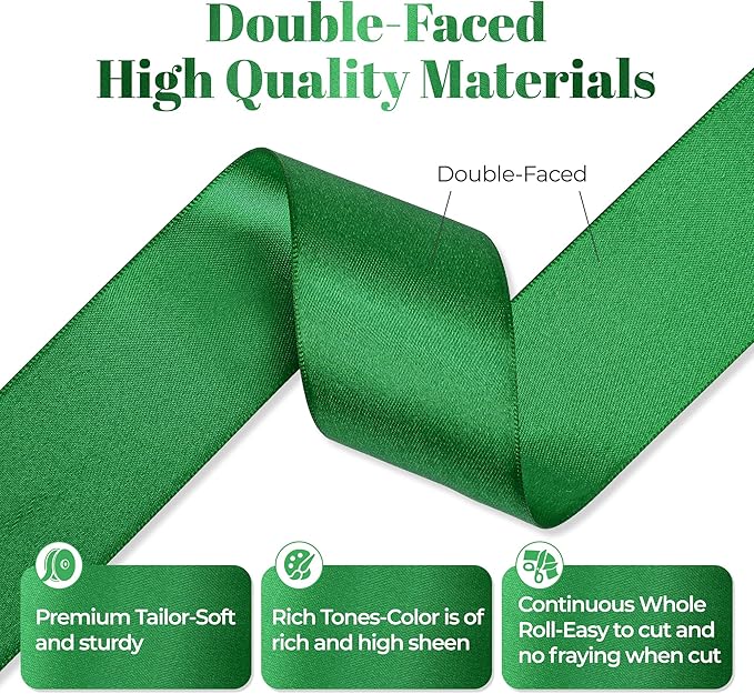 Green Satin Ribbon, Double Faced 1-1/2 Inch X 25 Yards Green Ribbon, Premium Satin Ribbon for Gift Wrapping, Crafts, Hair Bow Making, Sewing, Flower Bouquet, Wedding Party Decor
