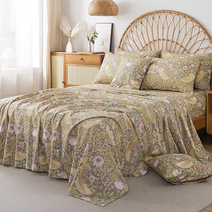 FADFAY 100% Cotton Twin Bed Sheet Set, 4 Piece Gray Vintage Floral Bird Print Bedding, Soft Breathable Cooling Sheets, Deep Pocket Fitted Sheet, Flat Sheet & Pillowcases, All Season Cotton Bedding