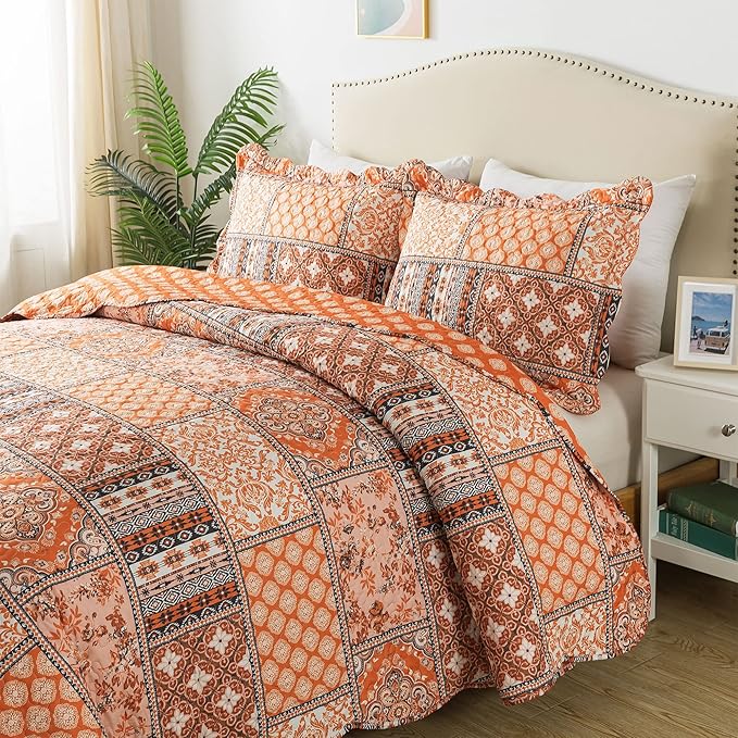 HoneiLife King Quilt Bedding Set - 3 Pieces Vintage Quilt Sets Microfiber Bedspreads Floral Coverlets Retro Bed Cover All Season Quilts-Pumpkin