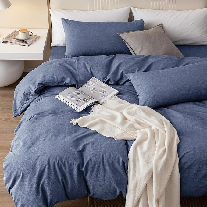 JIYUAN 100% Washed Cotton Duvet Cover Set 3 Pieces King, 1 Duvet Cover 104x90 Inches(Comforter Not Included) and 2 Pillowcases,Linen Like Comfy and Breathable,Heathered Blue