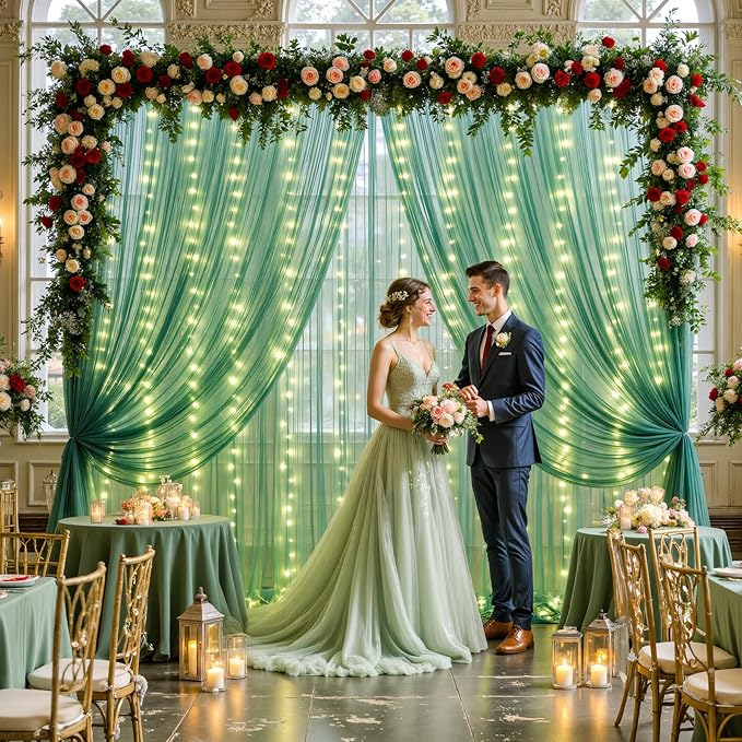 10ft x 10ft Hunter Green Tulle Photo Backdrop Curtain with Lights String for Christmas Party Sheer Curtain Backdrop Drapes for Birthday Party Holiday Wedding Photo Booth Background Room Decorations