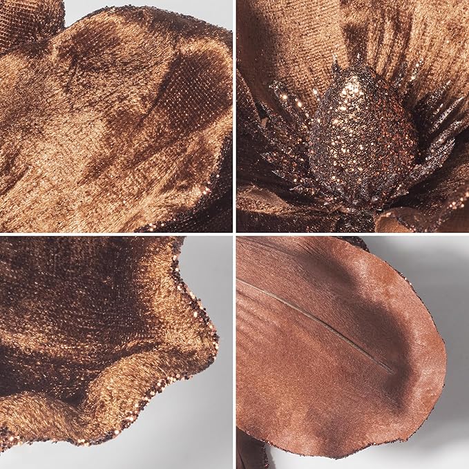 KI Store Brown Velvet Magnolia Flowers Pack of 6 Oversize Artificial Christmas Poinsettia Floral Picks Stems for Xmas Tree Wedding Centerpiece Decorations