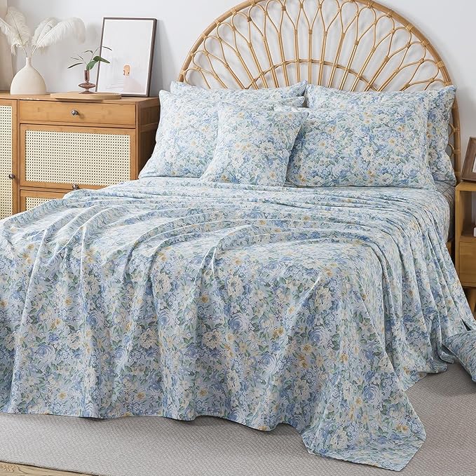 FADFAY 100% Cotton King Bed Sheet Set, 4 Piece Blue Yellow Rose Floral Bedding, Soft Breathable Cooling Sheets with Deep Pocket Fitted Sheet, Flat Sheet & 2 Pillowcases, Farmhouse Vintage Sheets