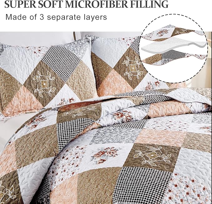 Dinjoy Floral Plaid Patchwork Quilt Set Full Size, Reversible Brown Bedding Set Soft Microfiber Lightweight Bedspread Coverlet 3 Piece Fall Autumn Summer Use (78x90 inches)